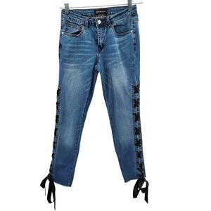 Fashion Nova Blue Med Wash Lace-Up Ribbon Raw Hem Skinny Jeans Women's Size 26